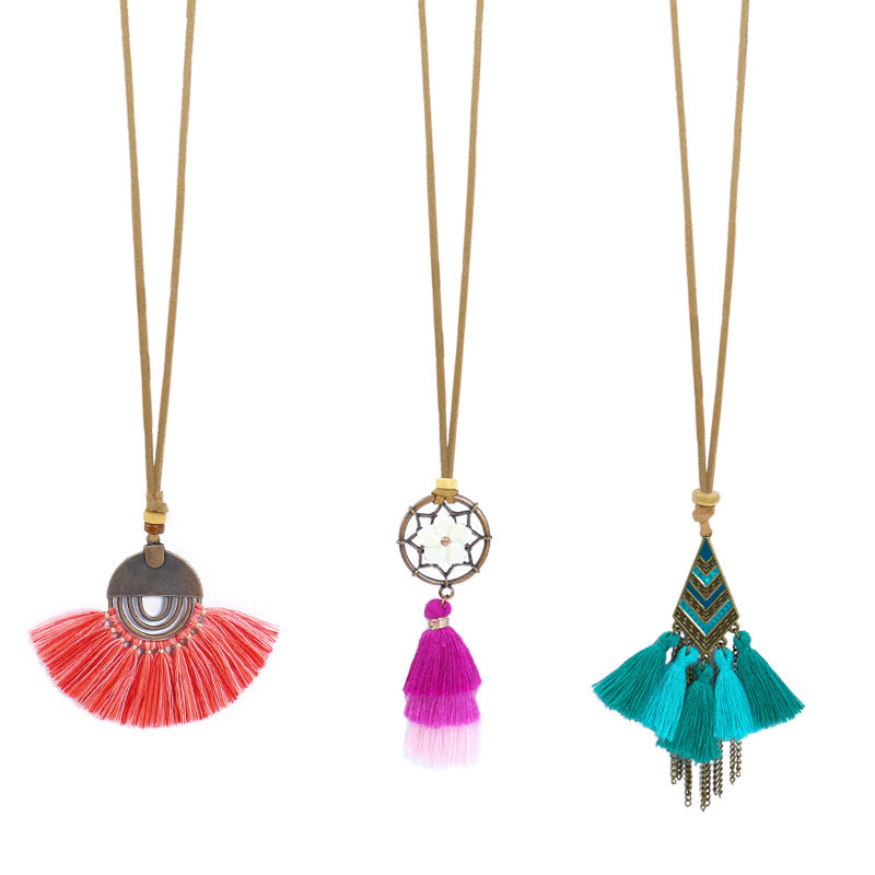 Wholesale Alloy Boho Tassel Flower Pendant Necklace